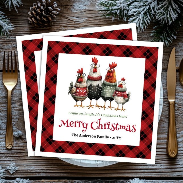 Servilleta De Papel Juego de servilletas de Navidad con pollos peculia (Quirky Christmas chickens napkin set custom name)