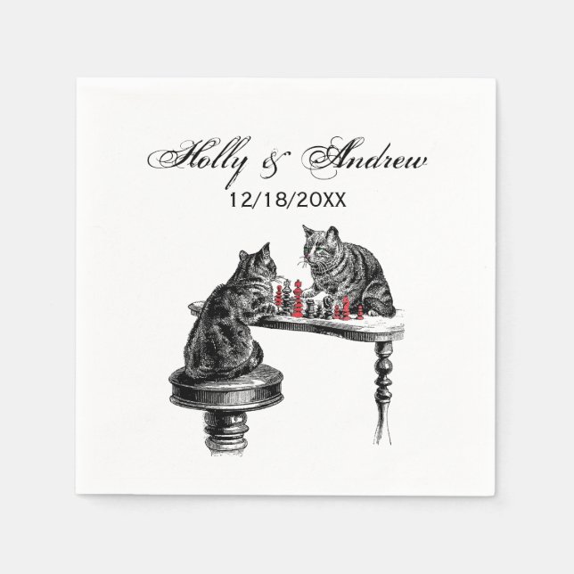 Servilleta De Papel Juegos de mesa Dos gatos jugando al ajedrez rojo (Anverso)