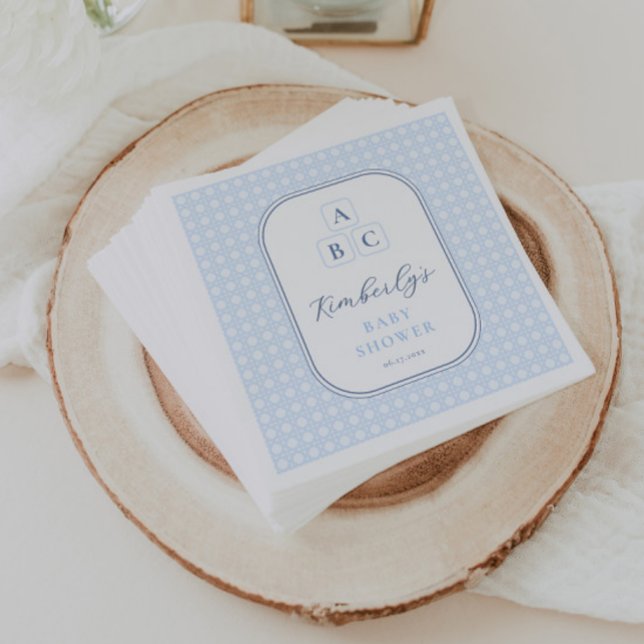 Servilleta De Papel Juguete azul pálido simple bloquea Fiesta Baby Sho (Preppy pale blue and white nursery blocks baby boy shower party napkins with bamboo cane weave print)