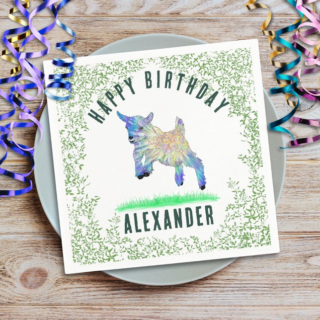 Servilleta De Papel Jumping Goat Happy Birday add Name (jumping goat cute farm animal custom name birthday party napkin adorable baby goat and foliage )