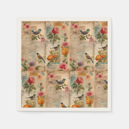 Servilleta De Papel Junk Journal Seite mit Blumen + Vögel - 