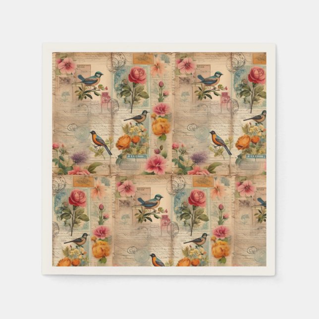 Servilleta De Papel Junk Journal Seite mit Blumen + Vögel -  (Anverso)