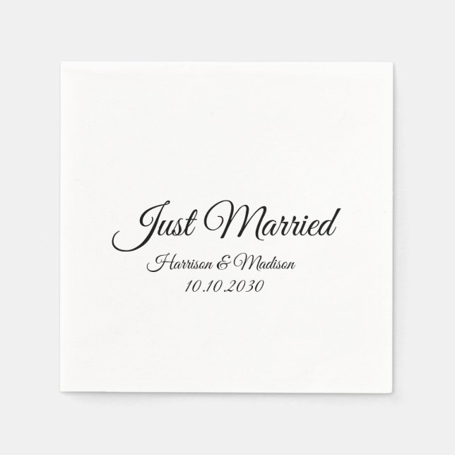Servilleta De Papel Just Married white personalizado script elegante (Anverso)