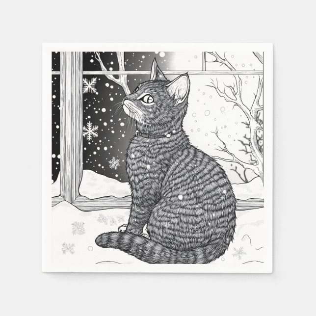 Servilleta De Papel Kätzchen am Fenster Schneeflocken Sternenhimmel (Anverso)