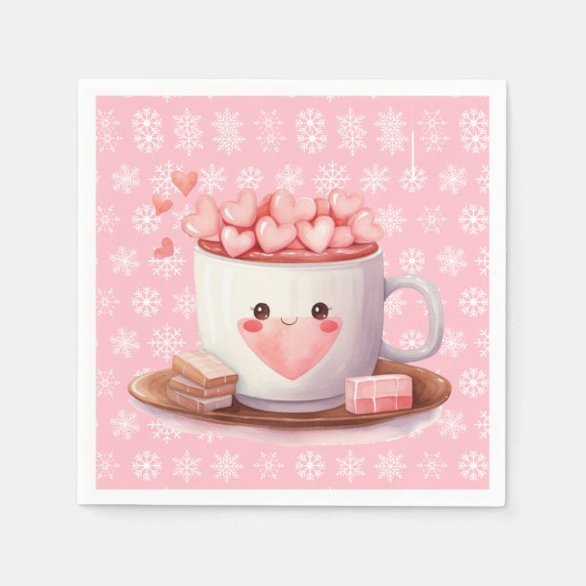 Servilleta De Papel Kawaii chocolate caliente de cacao y copos de niev (Anverso)