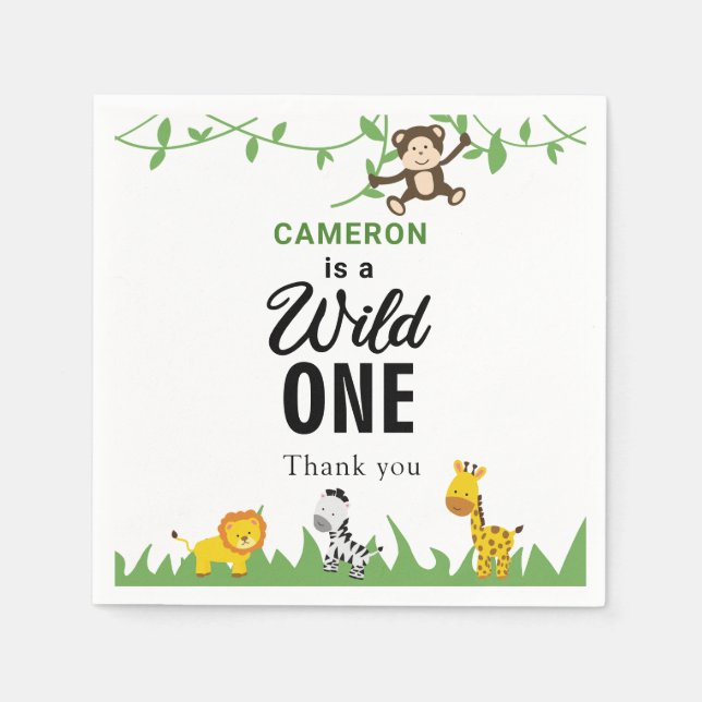 Servilleta De Papel Kawaii Wild One Birthday Safari Jungle Animales (Anverso)