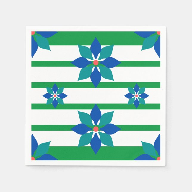 Servilleta De Papel Kelly Green stripes y flores azules (Anverso)