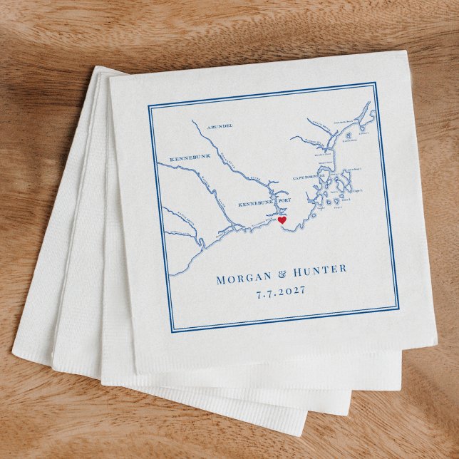 Servilleta De Papel Kennebunkport Maine Map Navy Elegant Wedding (Kennebunkport Maine Map napkins custom made for a wedding at Nonantum Resort.)