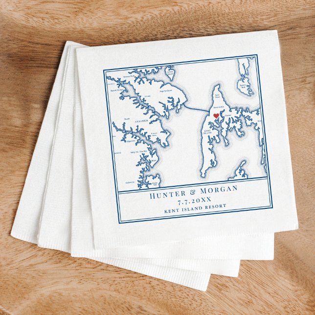 Servilleta De Papel Kent Island Stevensville Maryland Map Boda (These Kent Island map napkins are perfect for your Kent Island Maryland destination wedding)