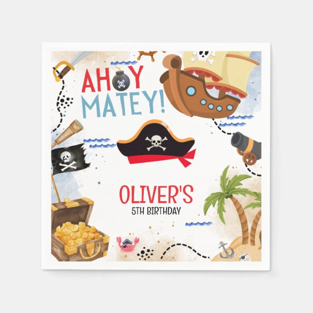 Servilleta De Papel Kids Pirate Party | Ahoy Matey Pirate Birthday  (Anverso)