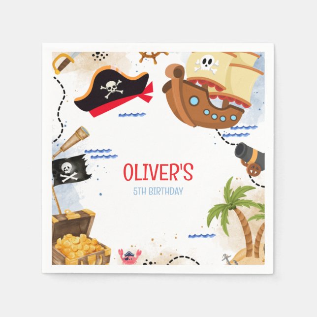 Servilleta De Papel Kids Pirate Party | Ahoy Matey Pirate Birthday  (Anverso)