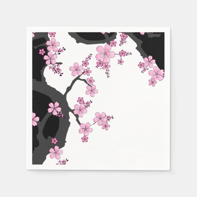 Servilleta De Papel Kimono japonés Sakura negro y rosa blanco (Anverso)