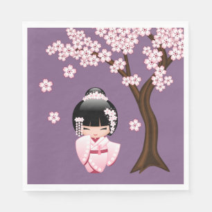 Servilleta De Papel Kimono Rosa Muñeca Kokeshi Kawaii sobre Púrpura
