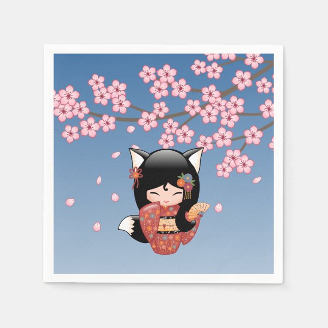 Servilleta De Papel Kitsune Kokeshi Doll - Chica negro Fox Geisha (Anverso)