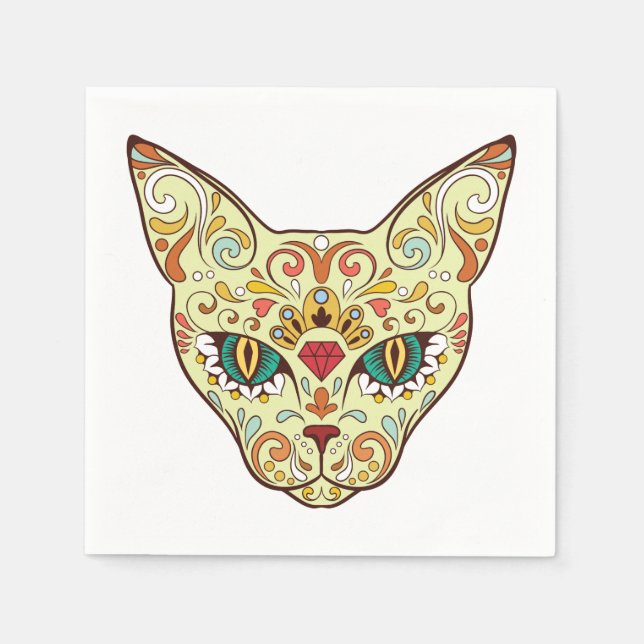 Servilleta De Papel Kitty Face Sugar Skull | Día del gato muerto (Anverso)