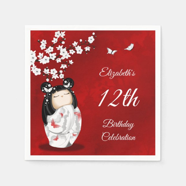 Servilleta De Papel Kokeshi Doll Cherry Blossom | Girl´s Birthday Napk (Anverso)