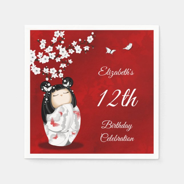 Servilleta De Papel Kokeshi Doll Cherry Blossom | Napk, cumpleaños del (Anverso)