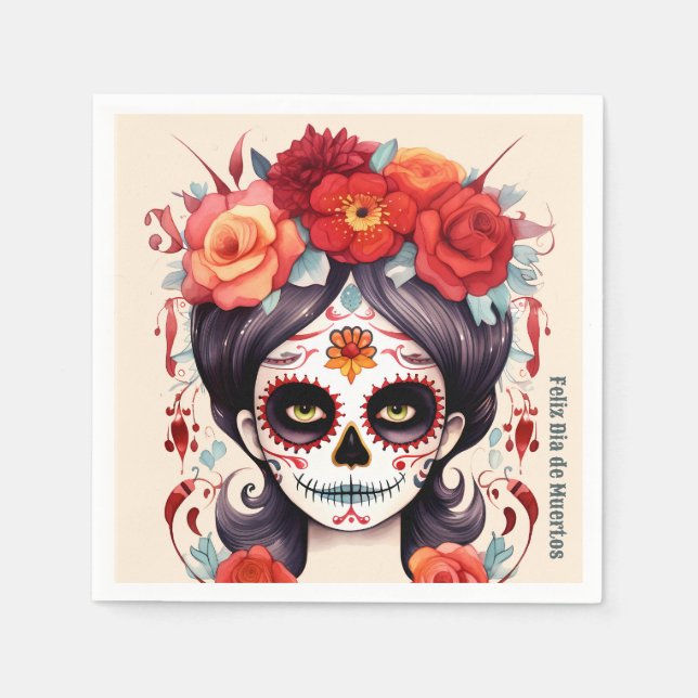 Servilleta De Papel La Calavera Catarina en Flores Rojas 🌹 (Anverso)