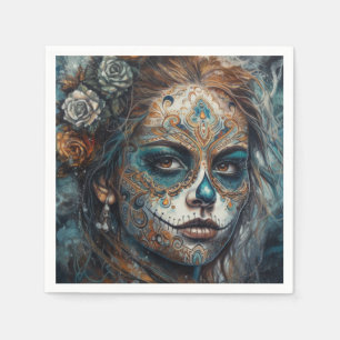 Servilleta De Papel La Catrina Azul Día de los Muertos Cráneo de Azúca