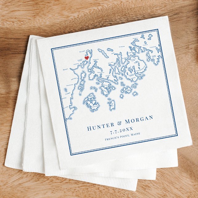 Servilleta De Papel La elegante boda de Point Stockton Maine en Franci (French's Point Maine Wedding Napkins Stockton Springs map in elegant navy blue by Coastal Map Design)