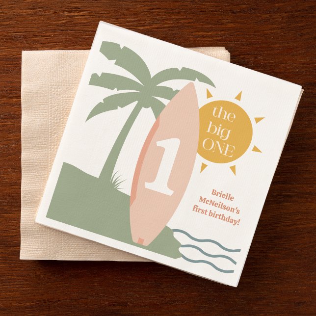 Servilleta De Papel La fiesta de primer cumpleaños del océano en la ta ("the big one" pink girls 1st bday surfing first birthday surfboard party napkin party supplies)