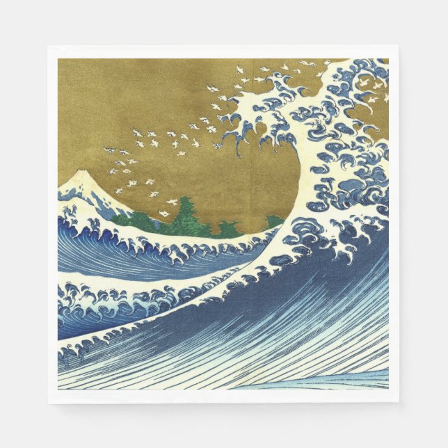 Servilleta De Papel La gran ola (arte japonés azul y oro, Hokusai) (Anverso)