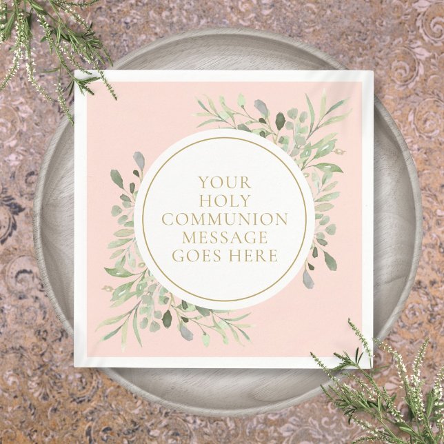 Servilleta De Papel La vegetación de la comunidad sagrada Rubor Pink (Holy Communion Greenery Floral Blush Pink Napkins)