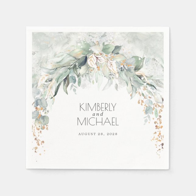 Servilleta De Papel La vegetación de oro y el eucalipto deja Boda (Anverso)