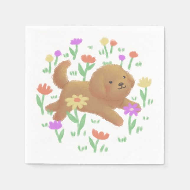 Servilleta De Papel Labradoodle con Ilustracion de flores (Anverso)