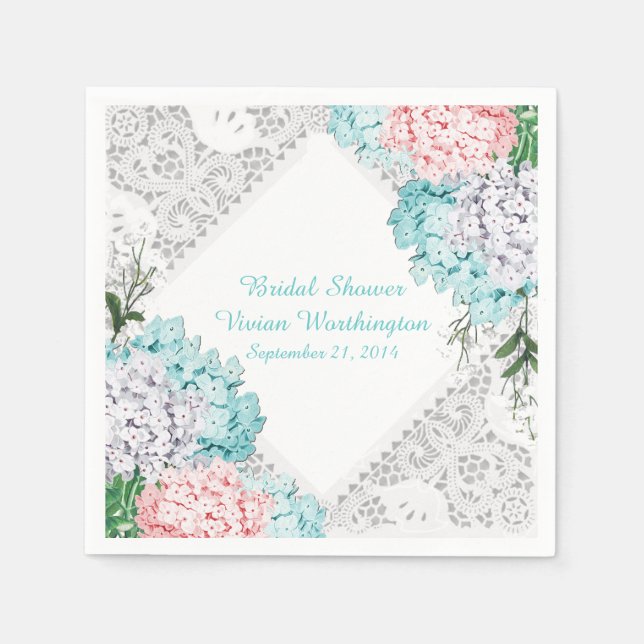 Servilleta De Papel Lace de bonito e Hydrangeas Bridal Ducha (Anverso)