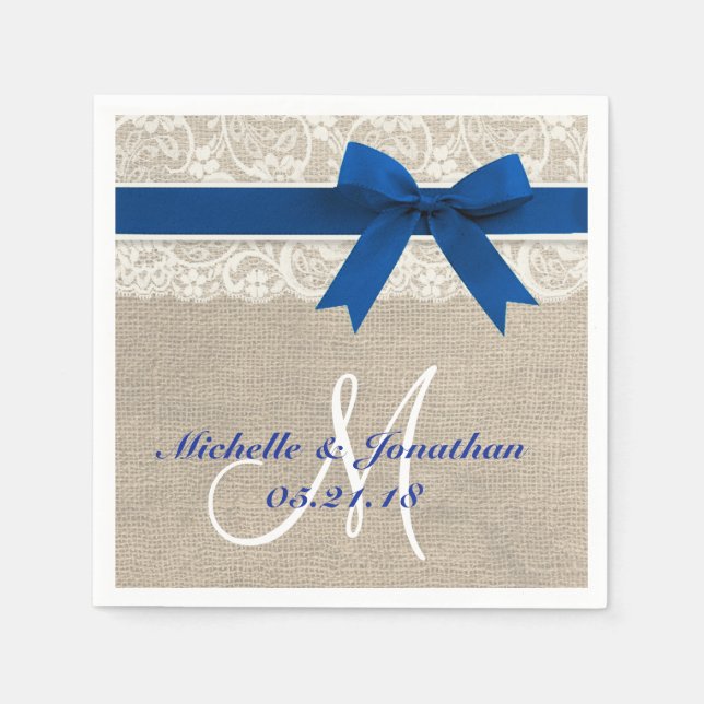 Servilleta De Papel Lace y Burlap Rústico Boda Napkin Royal Blue (Anverso)