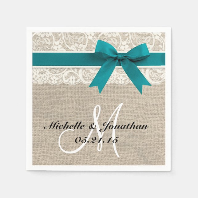 Servilleta De Papel Lace y Burlap Rústico Boda Napkin Turquoise (Anverso)