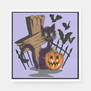 Servilleta De Papel Lápida de Gato Negro Murciélagos Negros Halloween