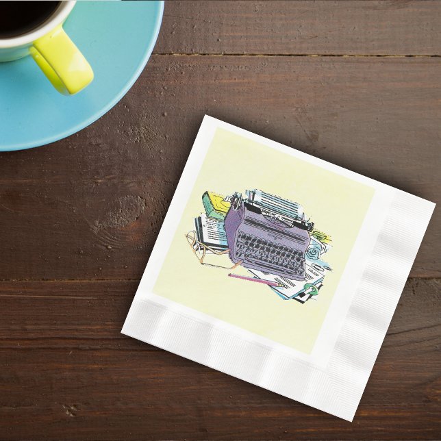 Servilleta De Papel Lápiz de papel de máquina de escribir herramientas (Vintage purple manual typewriter pen, paper books for writers on yellow napkins.)