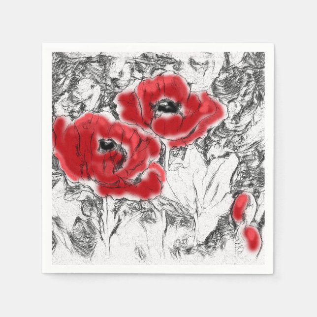 Servilleta De Papel Lápiz esquematizado a mano adornos rojos flores fl (Anverso)