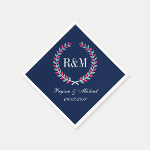 Servilleta De Papel Laurel Wreath Monograma Boda Napkin Navy Azul