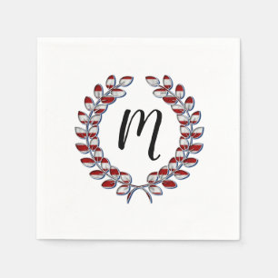 Servilleta De Papel Laurel Wreath Monogramado Patrón de rayas rojas