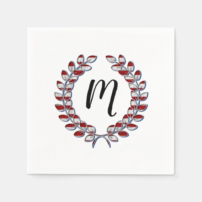 Servilleta De Papel Laurel Wreath Monogramado Patrón de rayas rojas (Anverso)