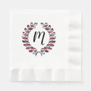 Servilleta De Papel Laurel Wreath Monogramado Patrón de rayas rojas