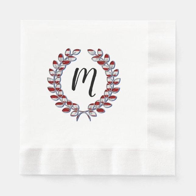 Servilleta De Papel Laurel Wreath Monogramado Patrón de rayas rojas (Anverso)