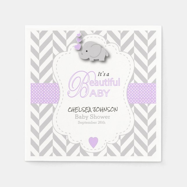 Servilleta De Papel Lavanda, Baby Shower de Elefante Gris Blanco (Anverso)