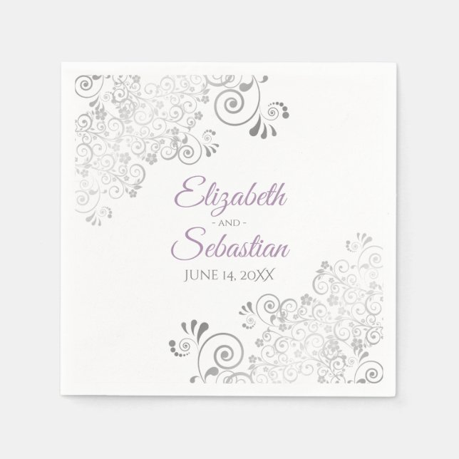 Servilleta De Papel Lavanda en blanco y plateado Frills elegante Boda (Anverso)