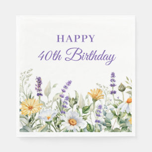 Servilleta De Papel Lavanda y Flores Silvestres Feliz Cumpleaños 40