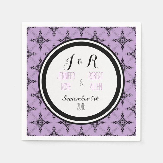 Servilleta De Papel Lavender Cuadros de la Boda de Damasco Púrpura (Anverso)