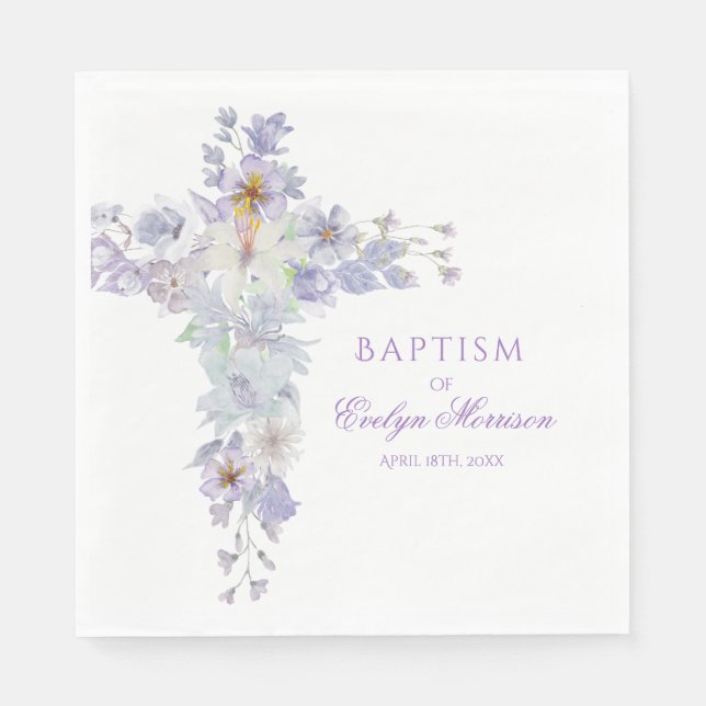 Servilleta De Papel Lavender Floral Cross Baptism Napkins (Anverso)