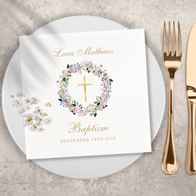 Servilleta De Papel Lavender Floral Garland Gold Baptism Christening (Subido por el creador)