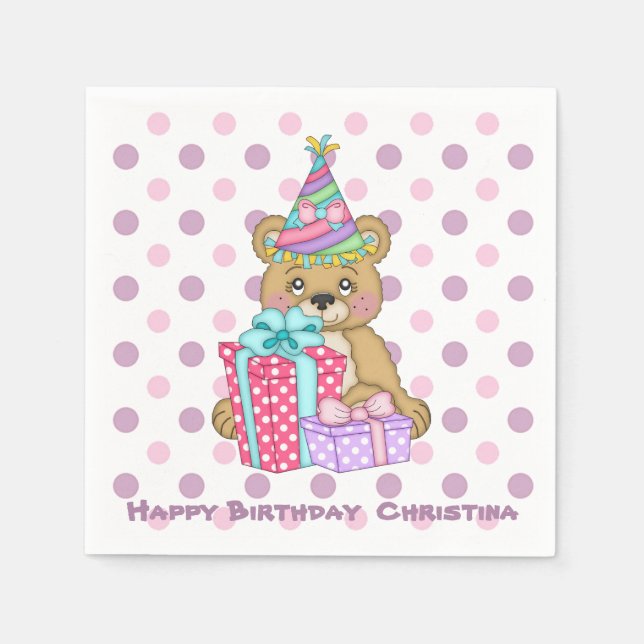 Servilleta De Papel Lavender Polkadot Cumpleaños del oso (Anverso)