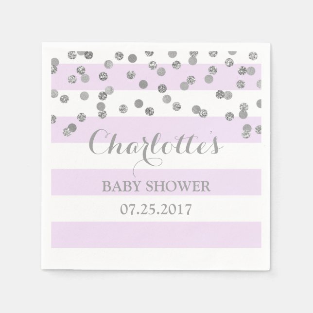 Servilleta De Papel Lavender Purple Stripe Silver Confetti Baby Shower (Anverso)