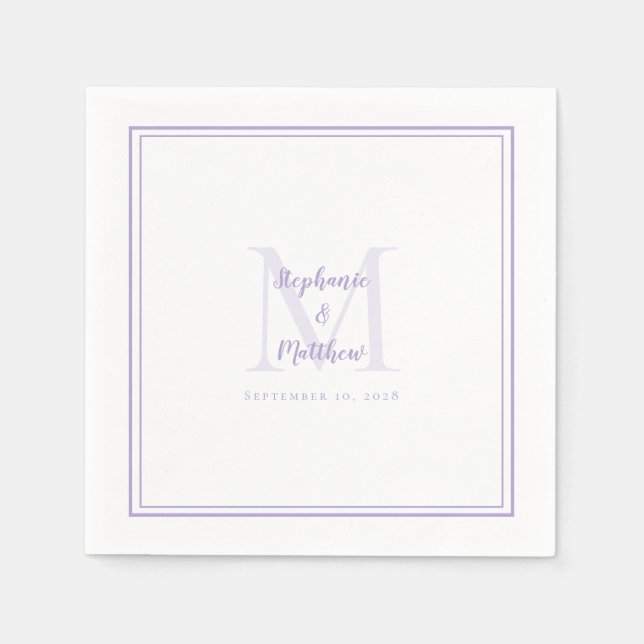 Servilleta De Papel Lavender Wedding Monogram Modern Initial & Names (Anverso)