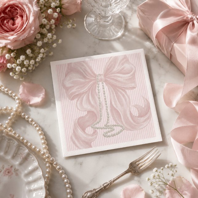 Servilleta De Papel Lazo a rayas rosado y collar de perlas (Subido por el creador)